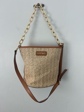 Nanette Lepore Beige Straw Bucket Bag with Gold Chain